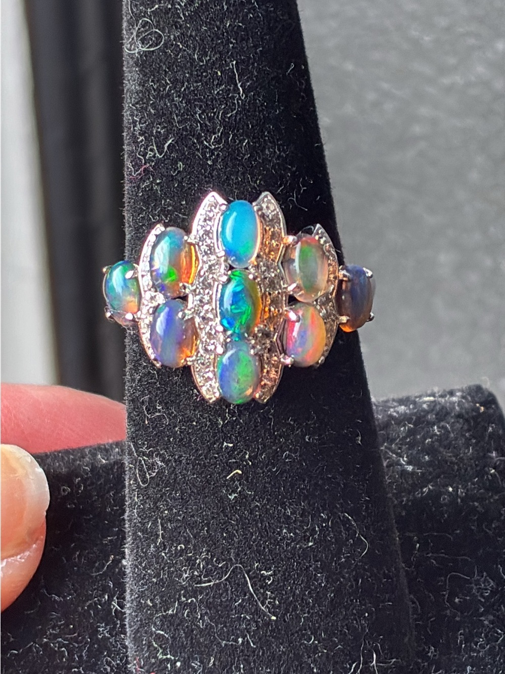 Sterling Silver Black Fire Opal Cluster Ring in Green-Blue Fire - Picture 7 of 9